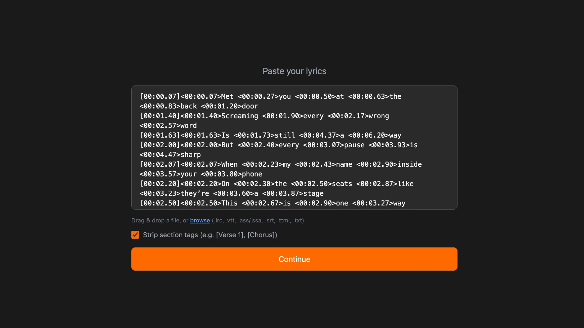 Pasting existing subtitle content directly into the lyrics panel