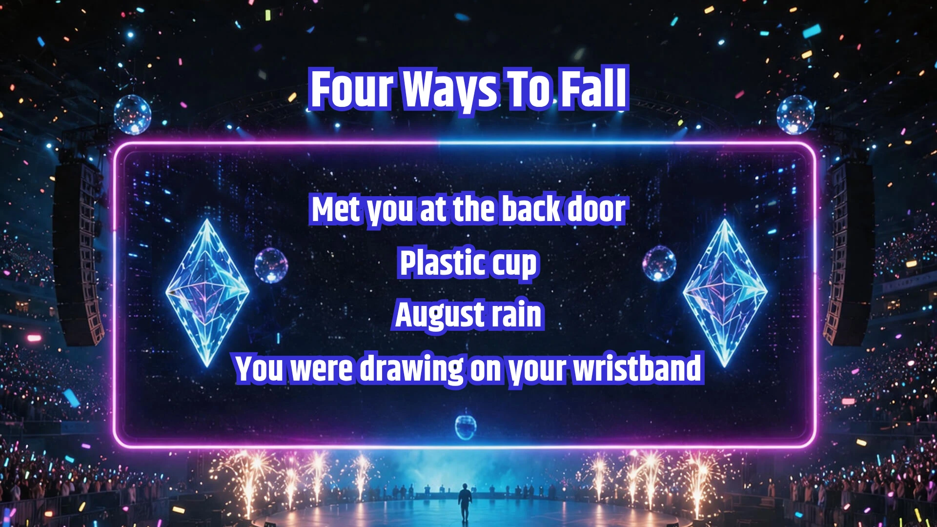 Neon Arena lyrics video template with a concert-stage background and synced lyrics