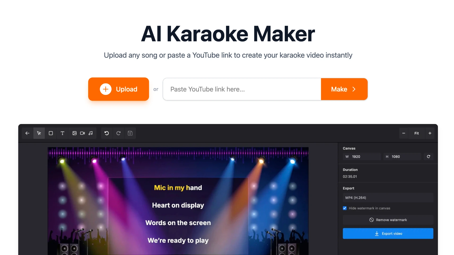 Karadeo Karaoke Maker — upload screen showing audio file and lyrics input