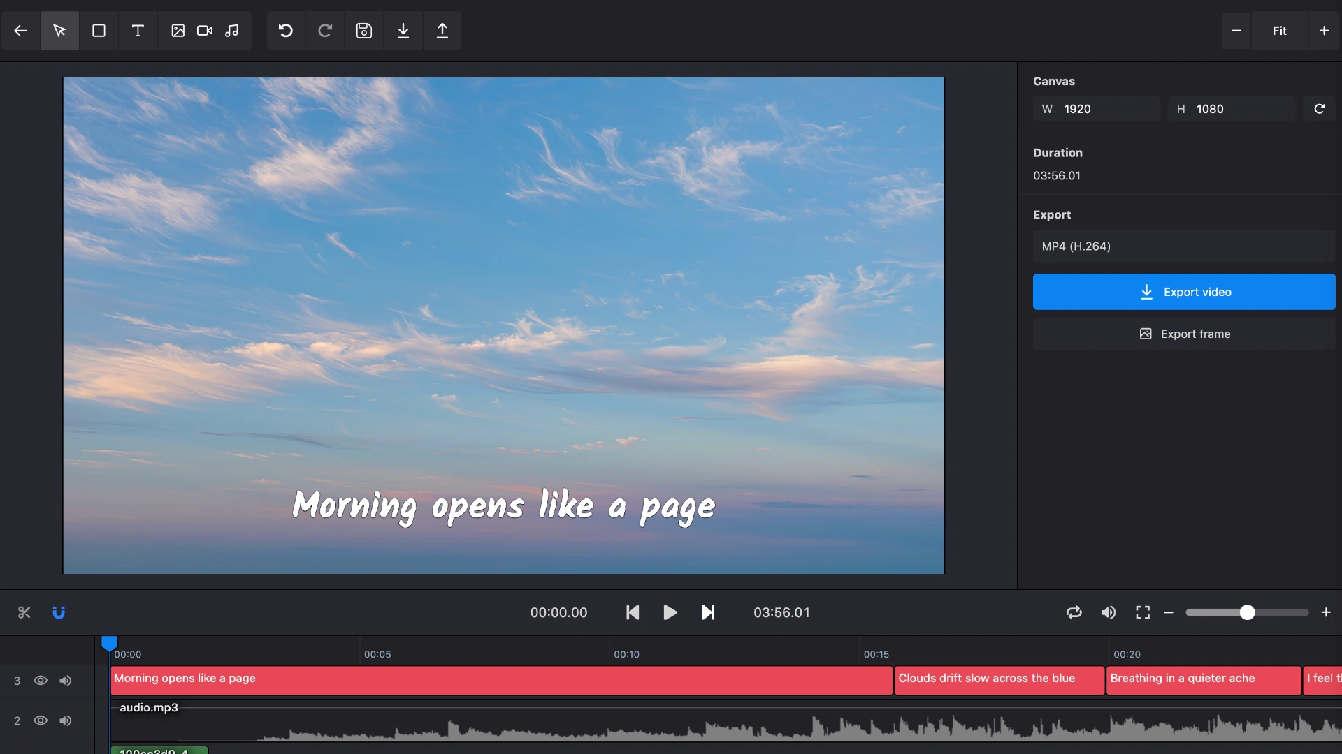 Export panel with canvas size and export options