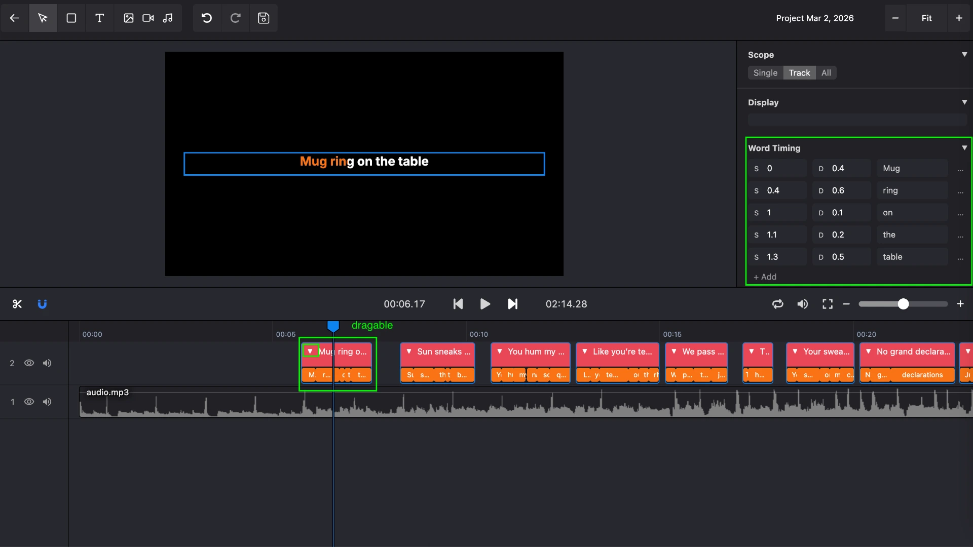 Fine-tune word timing in Karadeo lyrics editor