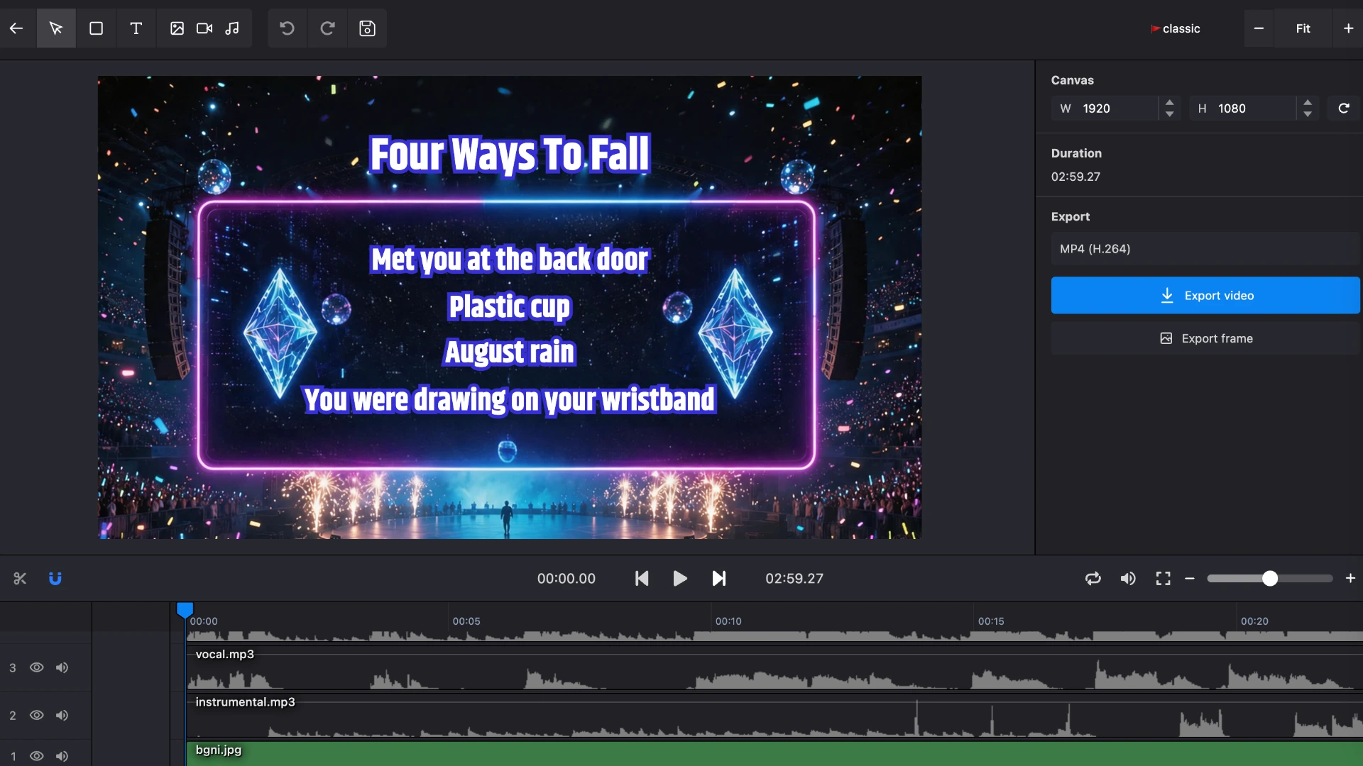 Karadeo editor with instrumental track loaded and lyrics timed — ready to export karaoke video