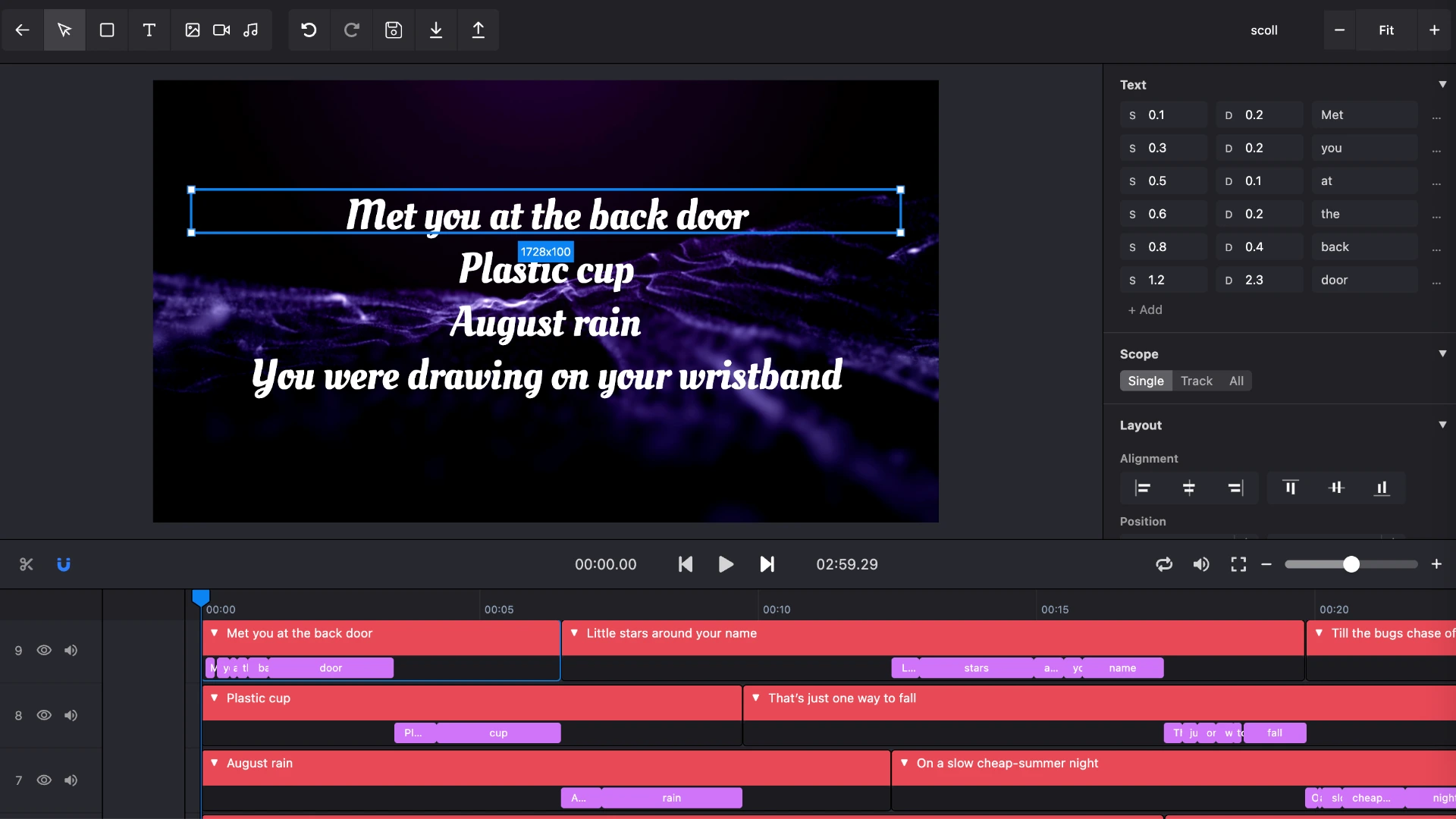 Word level lyric timing on the Karadeo timeline