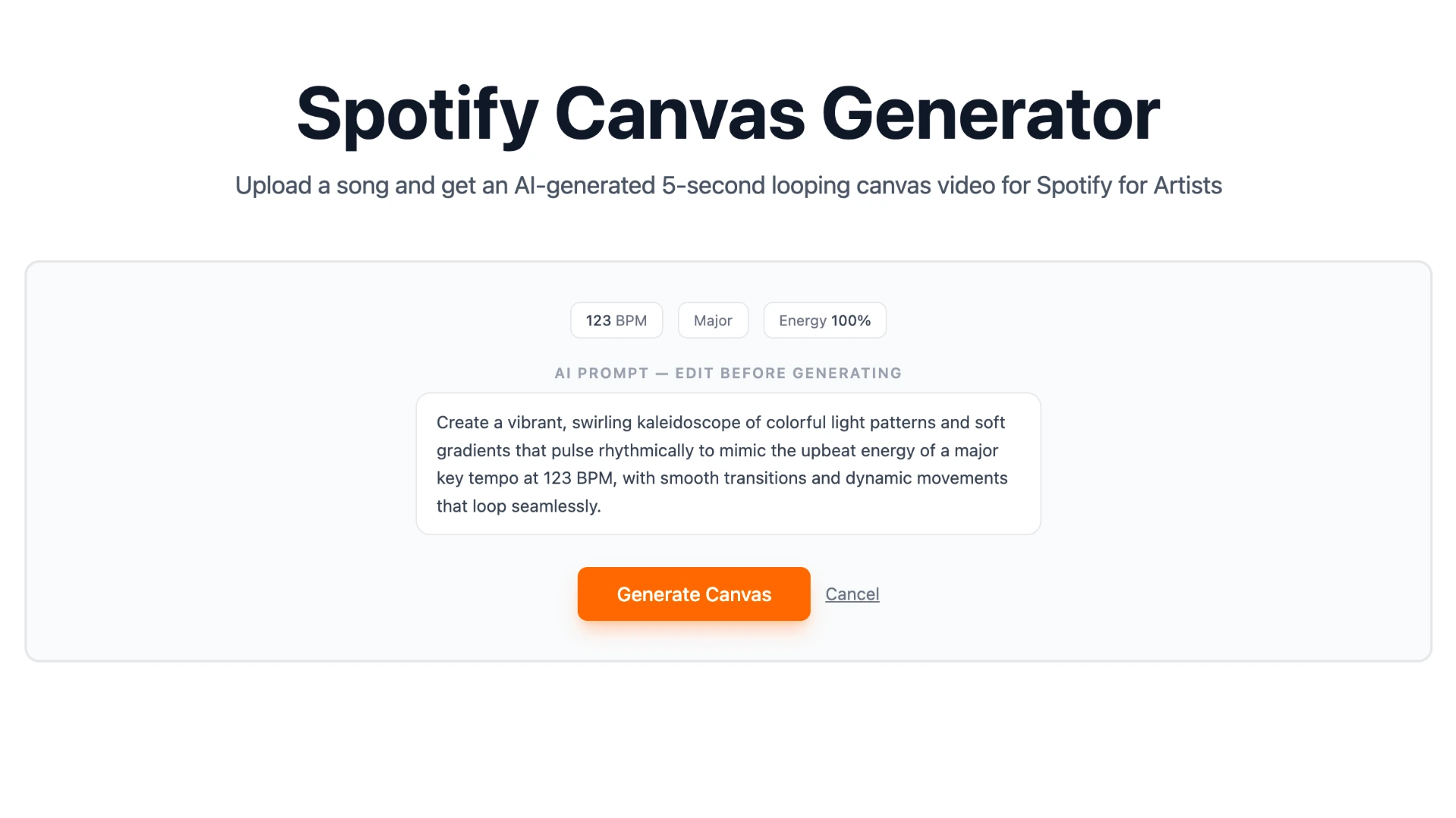 Spotify Canvas Generator showing BPM, energy, key and AI prompt extracted from the song