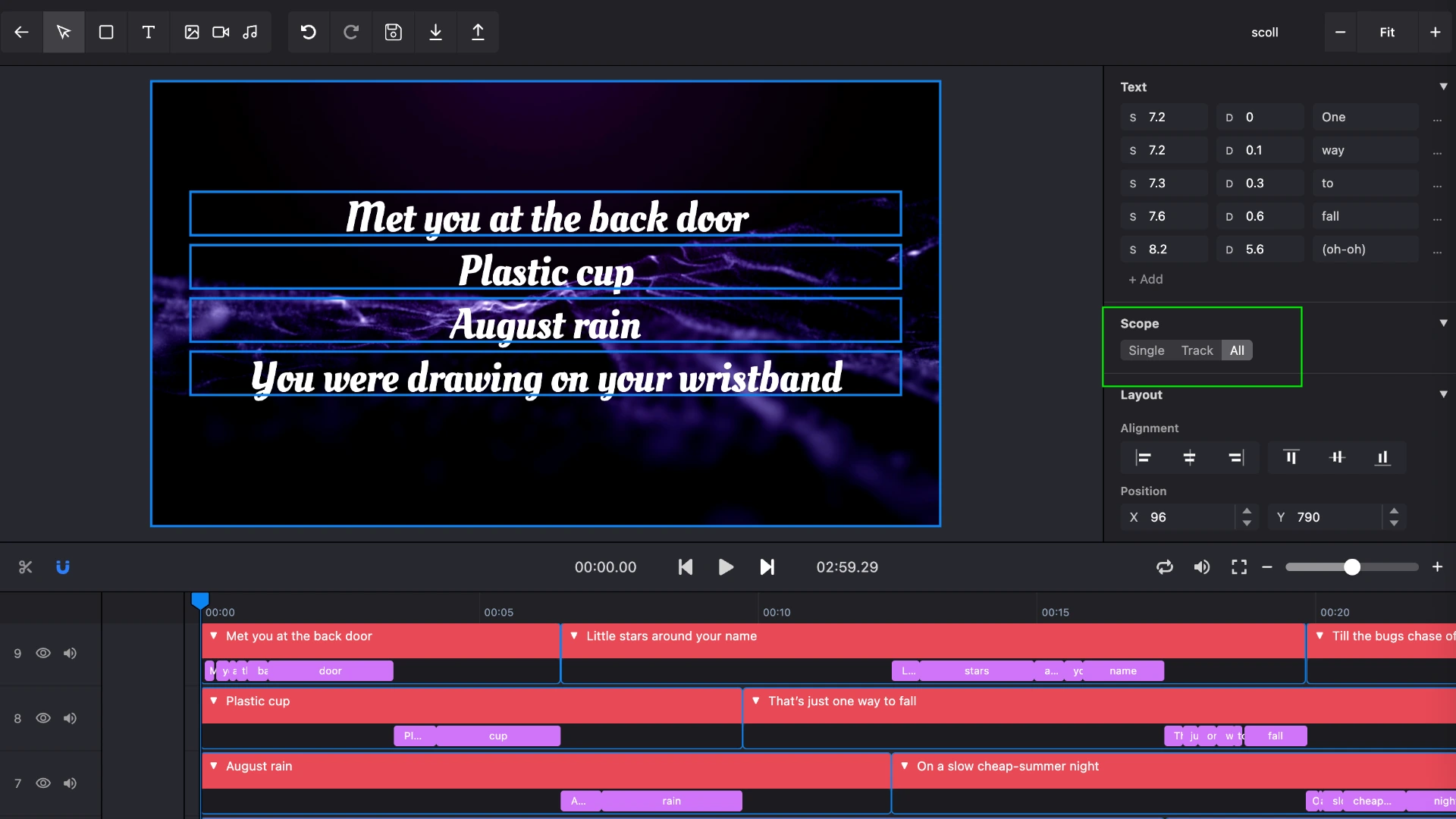 Lyrics inspector style scope control set to Single, Track, or All